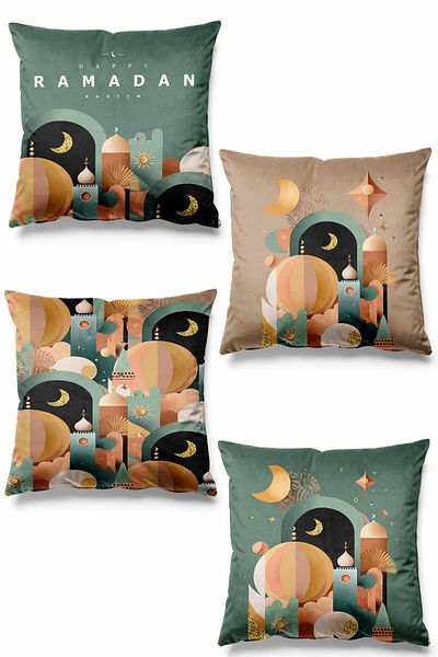 Pilloveland Set de 4 huse de pernă din piele intoarsa cu model Ramadan Crescent imprimate pe doua fete Ramadan Kareem