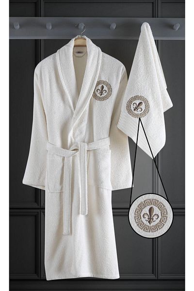 BİNNUR HOME Alya Embroidered Cotton 2 Piece Bathrobe Set Cream