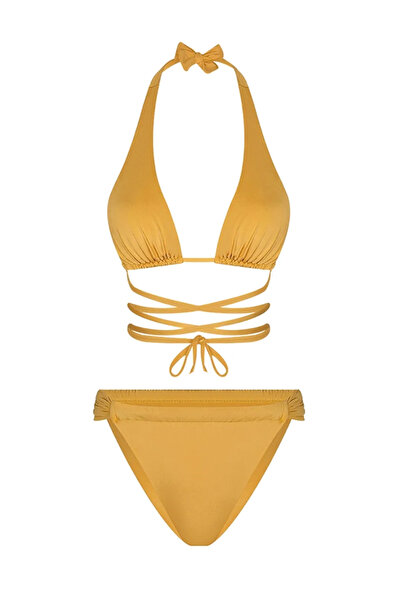 Bonesta Üçgen Bağlamalı Büzgü Detaylı Sarı Bikini Takımı