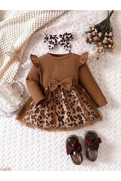 tunay moda Leopar Tül Detay Kaşkorse Elbise Yılbaşı Çocuk