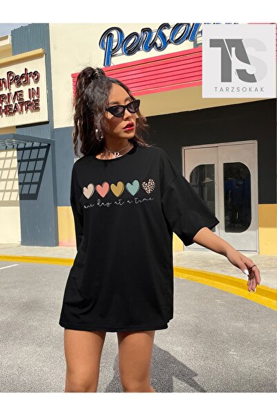 Tarzsokak Μπλουζάκι Oversize με Γραφικά Σχέδια Καρδιάς και Σλόγκαν