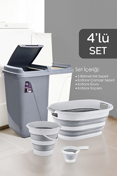 Meleni Home 4'lü Katlanır Çamaşır Sepeti Seti - 90 Lt Kirli Çamaşır Sepeti - Katlanır Sele - Su Kovası - Maşrapa