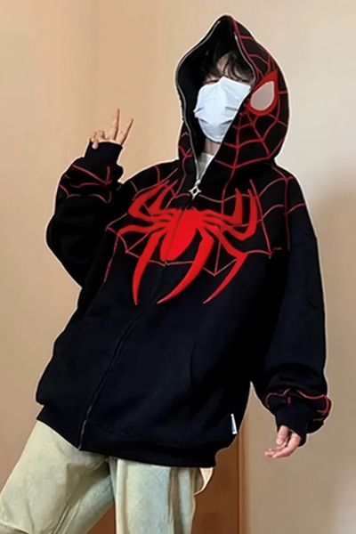 EFBUTİK Чорний кардиган з капюшоном на блискавці унісекс з павутиною Spiderman Spider Oversize на блискавці Y2k Streetwear