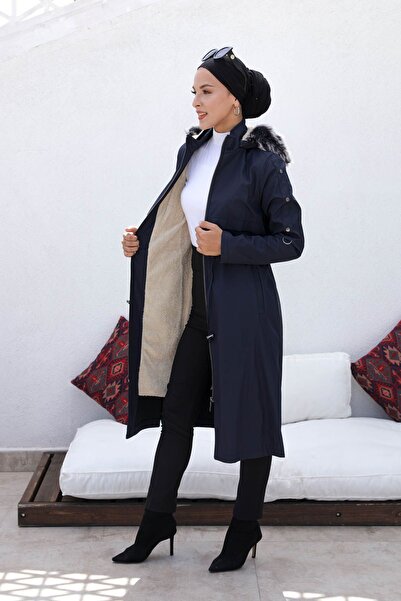 KMKkombin KMKKOMBİN Дамско палто с кожа, шнур в талията, копчета, качулка и л...