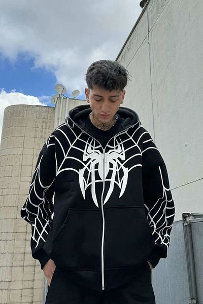 EFBUTİK Black Hooded White Spiderman Web Mask Cardigan