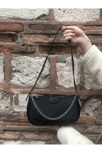 Esila Sirius Women's Black Thin Chain Baguette Hand And Shoulder Bag