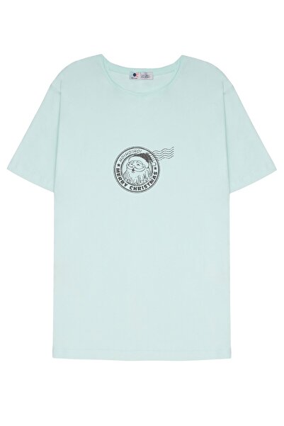 DOT تي شيرت بياقة متسخة باللون الأخضر النعناعي للجنسين لعيد الميلاد المجيد