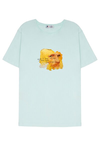 DOT تي شيرت فان جوخ بياقة متسخة باللون الأخضر النعناعي للجنسين