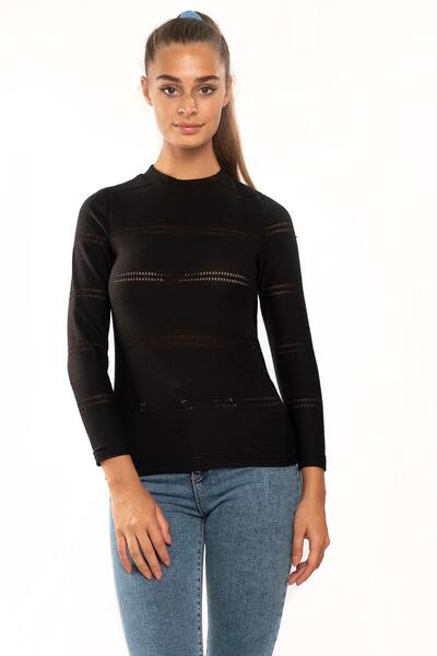 Miss Murem Stand Collar Perforated Blouse-black