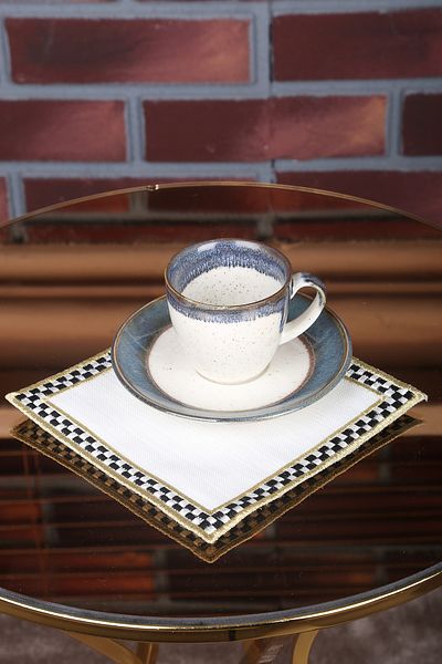 Bonny Home Καρό 6 τεμαχίων λινό λινό καφέ πλευράς παρουσίασης κοκτέιλ πάρτι χαρτοπετσέτα κέντημα Κεντημένη θήκη παρουσίασης