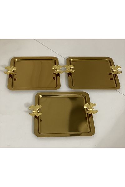 Elzem STEEL GOLD COLOR SQUARE 3-PIECE PRESENTATION TRAY WITH DOUBLE SIDES BUTTERFLY ACCESSORY
