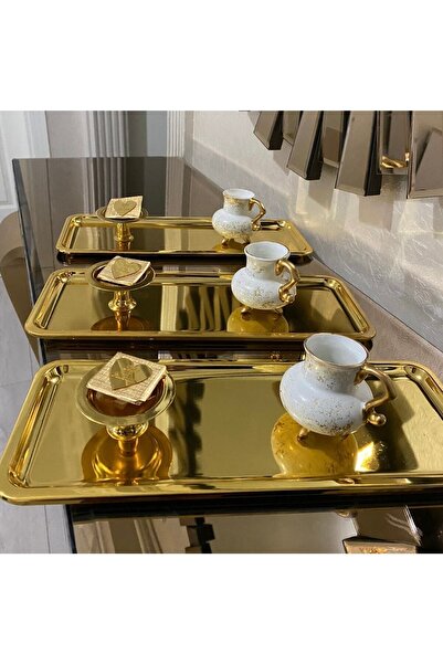 Elzemm store Paslanmaz Çelik Gold Renk 3 Lü Baton Servis Tepsisi Lüx Görünüm