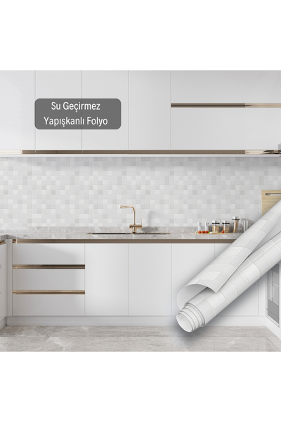 Dekoros Beyaz Mozaik Taş Desenli Yapışkanlı Folyo Dolap, Tezgaharası ve Mobilya Kaplama Kağıdı 45x500cm 0340