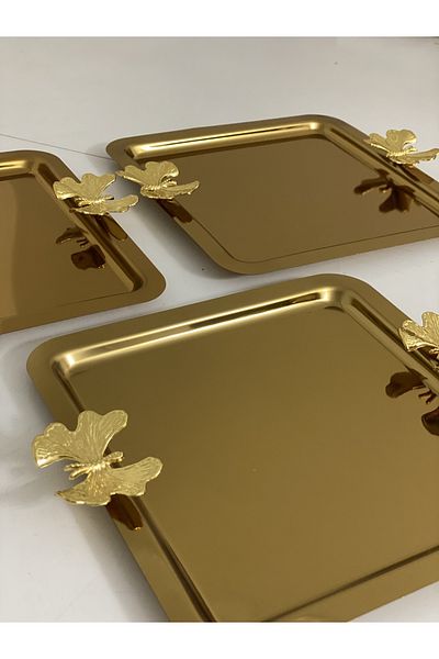 Elzem STEEL GOLD COLOR SQUARE 3-PIECE PRESENTATION TRAY WITH DOUBLE SIDES BUTTERFLY ACCESSORY