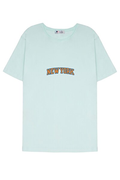 DOT تي شيرت بياقة متسخة باللون الأخضر النعناعي للجنسين من نيويورك