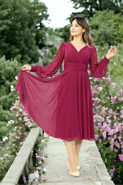 FaBe Fashion Long Sleeve Double Breasted Collar Midi Chiffon Dress