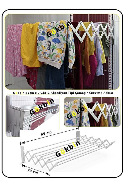 Gökbin 85cm X 9 Gözlü Akordiyon Çamaşır Kurutma Askısı Paslanmaz Alüminyum Trend