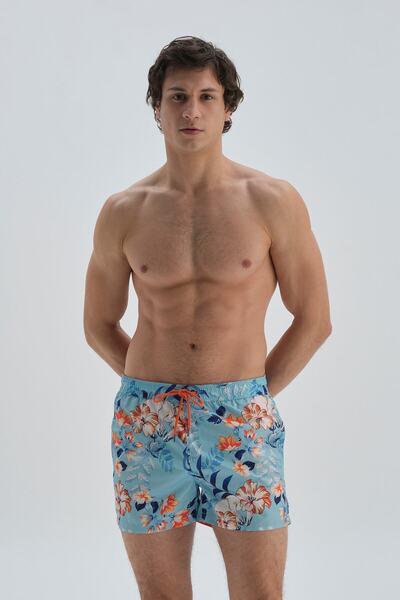 Dagi Turquoise Micro Floral Patterned Short Swim Shorts
