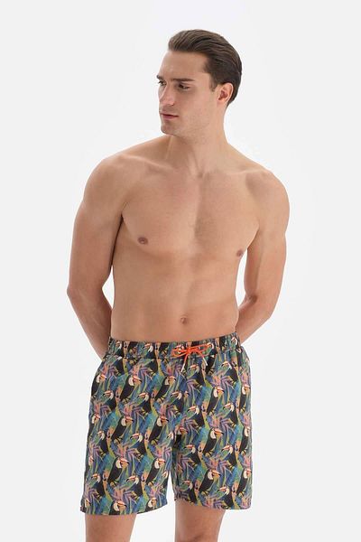 Dagi Grün - Anthrazitfarbene mittelgroße Badeshorts mit Tucan-Muster