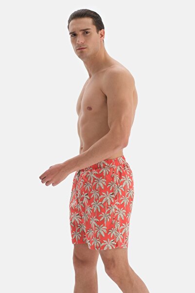Dagi Turuncu - Ekru Palmiye Desenli Orta Deniz Şortu