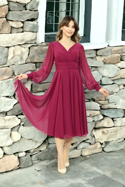 FaBe Fashion Long Sleeve Double Breasted Collar Midi Chiffon Dress