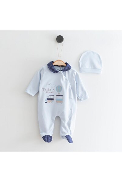MİNİBORN Newborn Boy Cross Stitch Train Blue Jumpsuit Set
