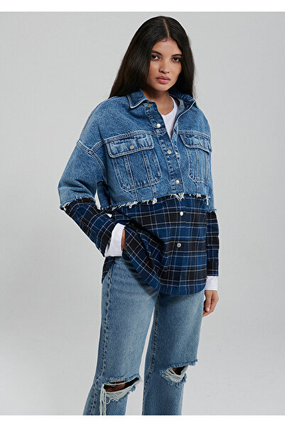 Mavi Kelly Street Lacivert Kareli Denim Bloklu Jean Gömlek Oversize / Geniş Kesim 1210550-85749
