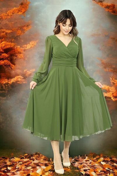 FaBe Fashion Long Sleeve Double Breasted Collar Midi Chiffon Dress