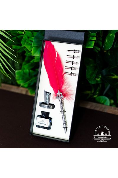 CEZVELİAĞA KURUKAHVECİSİ Gift Table Top Feather Dip Pen and Ink Set