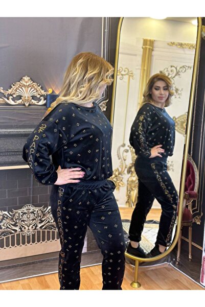 Yeşilmoda takım pantolonlu taşlı işlemeli spor siyah