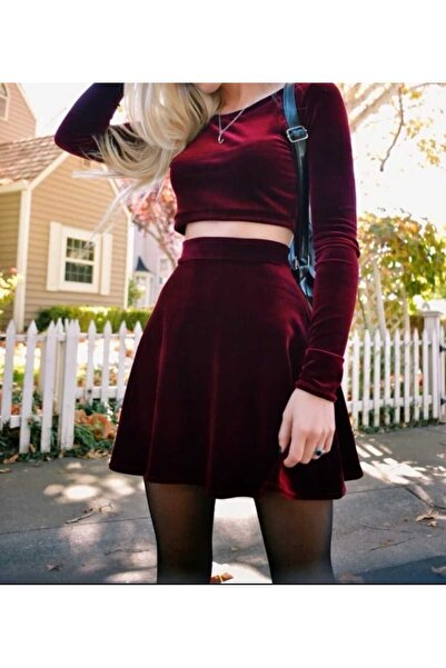 Tura Butik Bordo kadife kloş etek