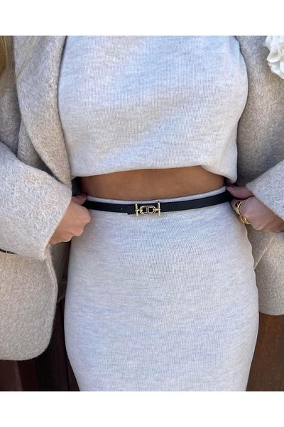 Tina Gold Buckle Leather Thin Belt 1.5cm Black