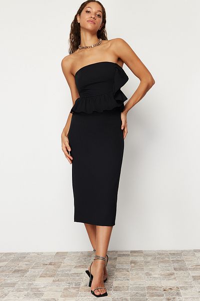 Trendyol Collection Black Flounce Woven Elegant Evening Dress TPRSS24EL00081