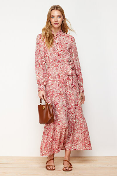 Trendyol Modest Fahéjas virágos viszkóz szőtt ruha TCTSS24EB00074