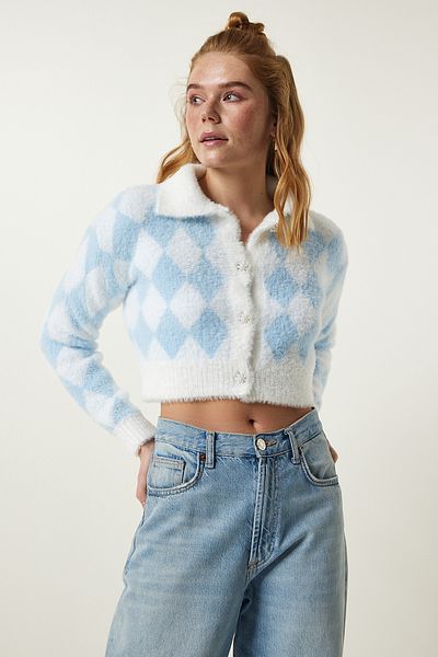 Happiness İstanbul White Blue Patterned Seasonal Crop Knitted Cardigan with Beard PF00066
