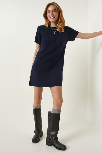 Happiness İstanbul Navy Blue Soft Textured Mini Knitwear Dress DP00197