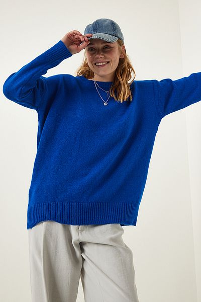 Happiness İstanbul Pulover oversize tricotaj albastru închis PN00054