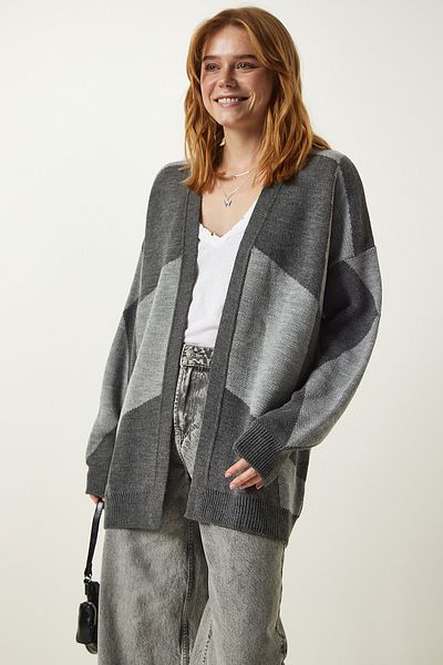 Happiness İstanbul Gray Patterned Thick Cardigan Jacket BV00013