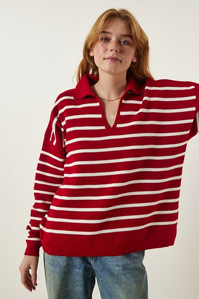 Happiness İstanbul Damski sweter z dzianiny w kolorze czerwonym z kołnierzykiem polo US00293