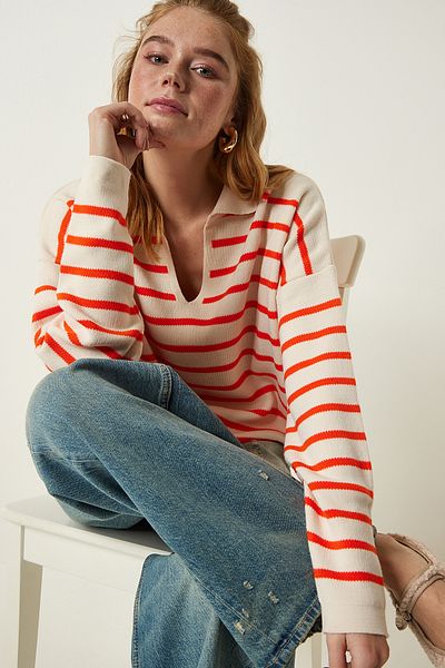 Happiness İstanbul Orangefarbener Kurz-Strickpullover mit Polokragen für Damen US00293