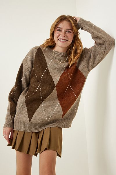 Happiness İstanbul Beiger Premium Oversize Strickpullover mit Rautenmuster FN03163