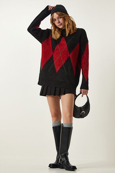 Happiness İstanbul Schwarz-roter Premium-Übergrößen-Strickpullover mit Baklava-Muster FN03163