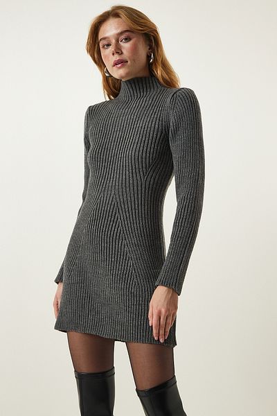 Happiness İstanbul Gray Corded Bell Knitwear Dress PF00052