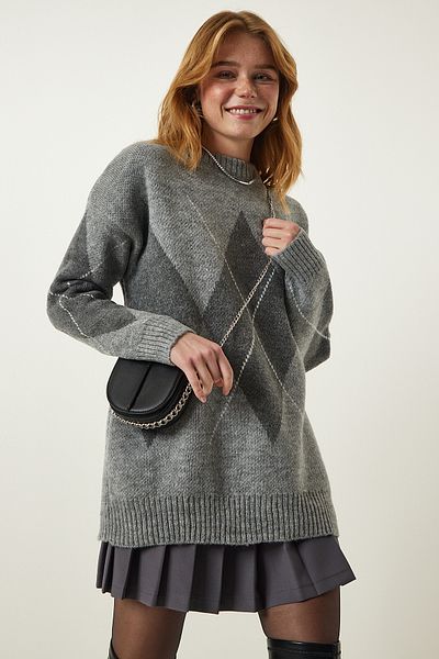Happiness İstanbul Mid Gray Premium Baklava Patterned Oversize Knit Sweater FN03163