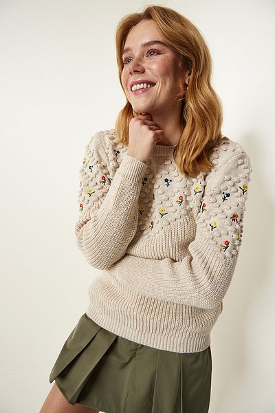 Happiness İstanbul Pulover din tricot texturat brodat floral crem ES00143