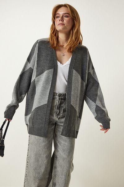 Happiness İstanbul Gray Patterned Thick Cardigan Jacket BV00013