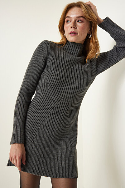 Happiness İstanbul Šedé šňůrové zvonové úpletové šaty PF00052