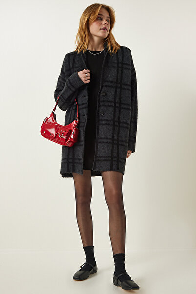 Happiness İstanbul Tmavě šedá kostkovaná bunda Cardigan PF00061