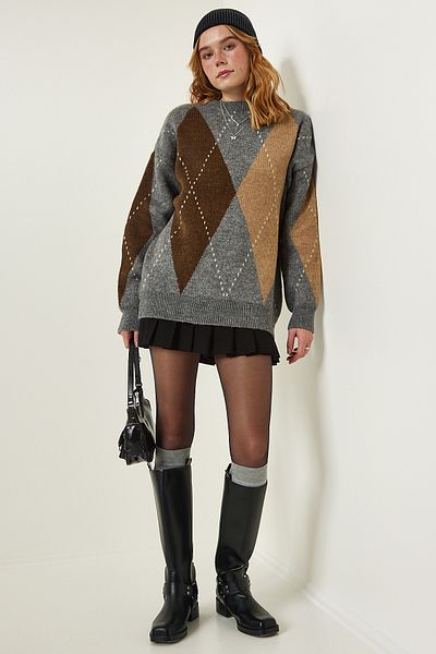 Happiness İstanbul Gray Premium Diamond Patterned Oversize Knitwear Sweater FN03163