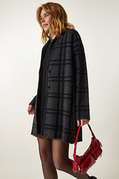 Happiness İstanbul Tmavě šedá kostkovaná bunda Cardigan PF00061